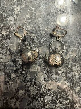 Vintage Antique Japanese Floral Tetsubin Teapot Earrings Marked Silver Japan OLD